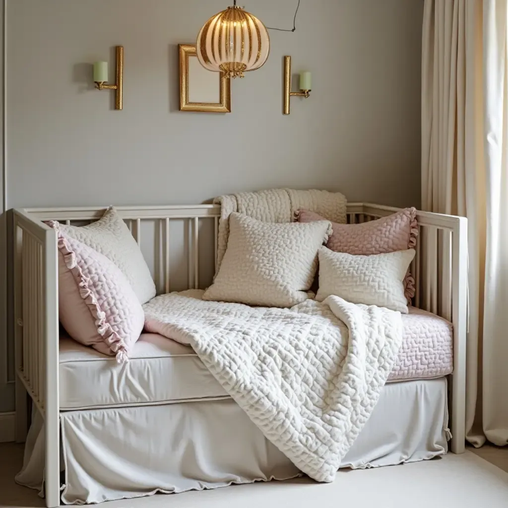 a photo of a stylish crib with luxurious bedding and decorative pillows