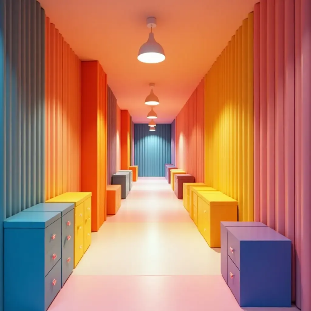 a photo of a vibrant corridor with colorful storage cubes