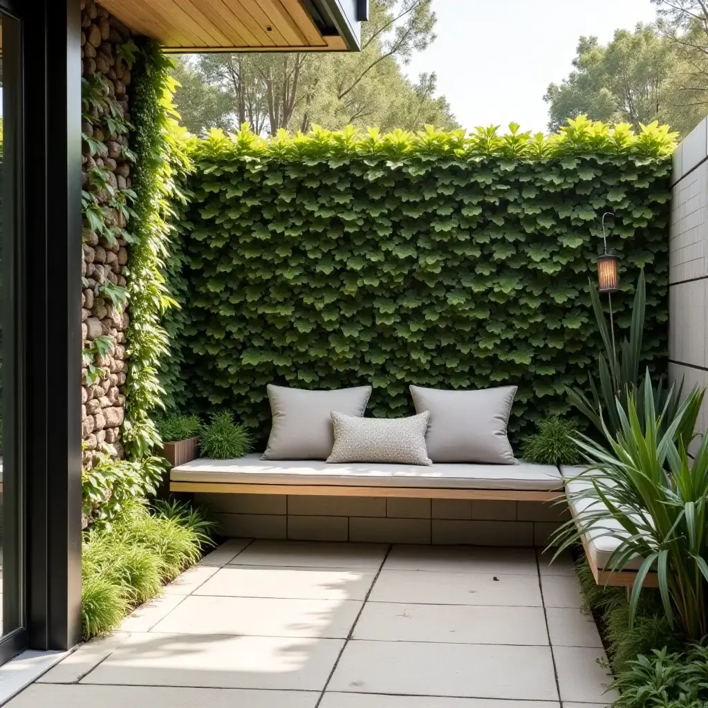 a photo of a garden wall with a built-in bench for relaxing in an entrance space