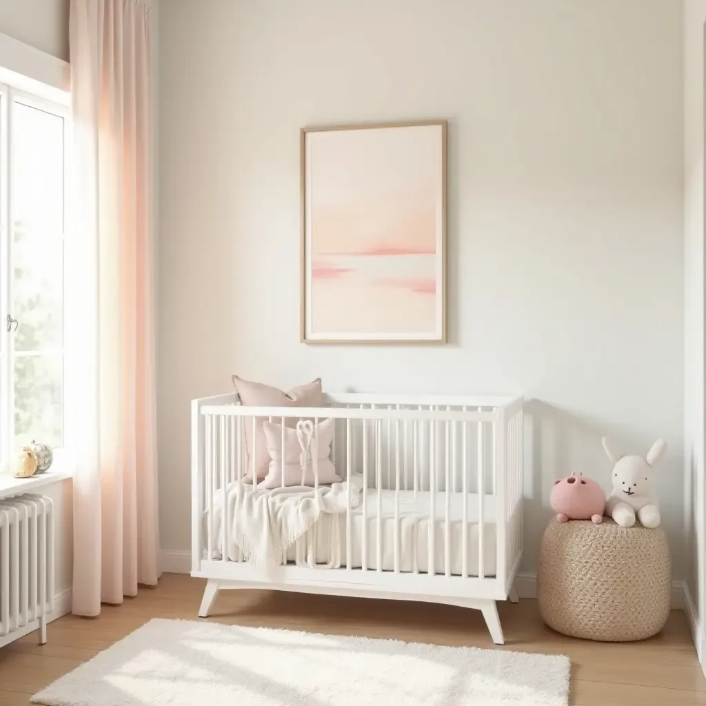 a photo of a nursery with a soft color palette inspired by coastal sunsets