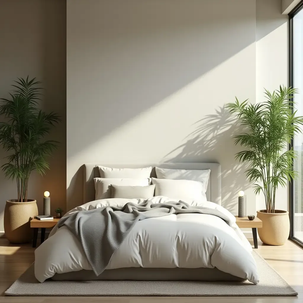 a photo of a serene bedroom with bamboo plants for tranquility