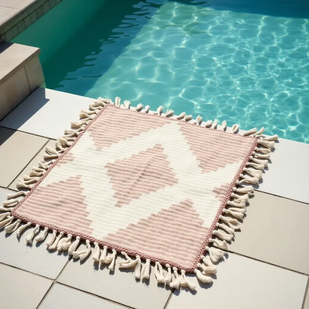 a photo of a bohemian style rug with tassels by the pool