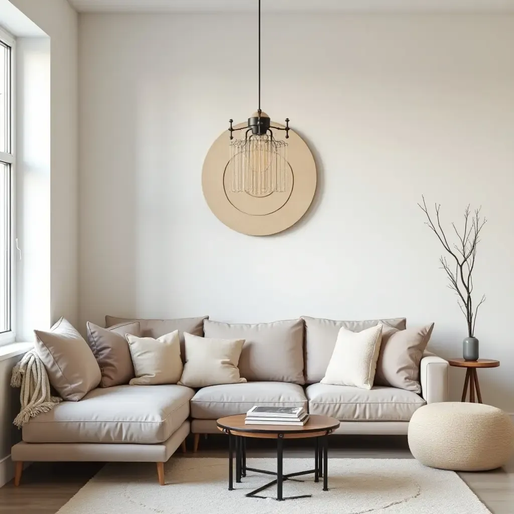 a photo of a minimalist boho living room with a statement light fixture