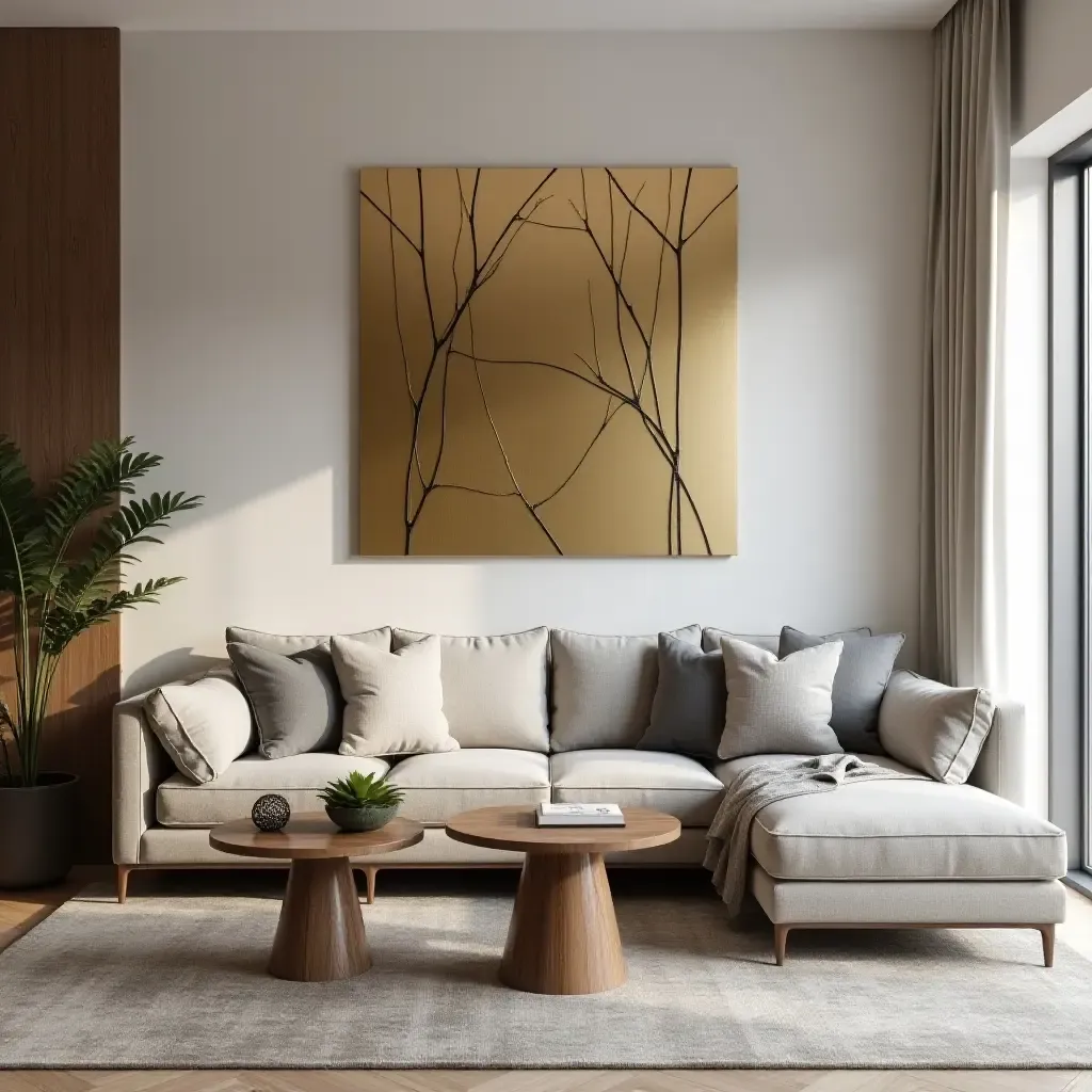 a photo of a contemporary living room adorned with metallic wall art