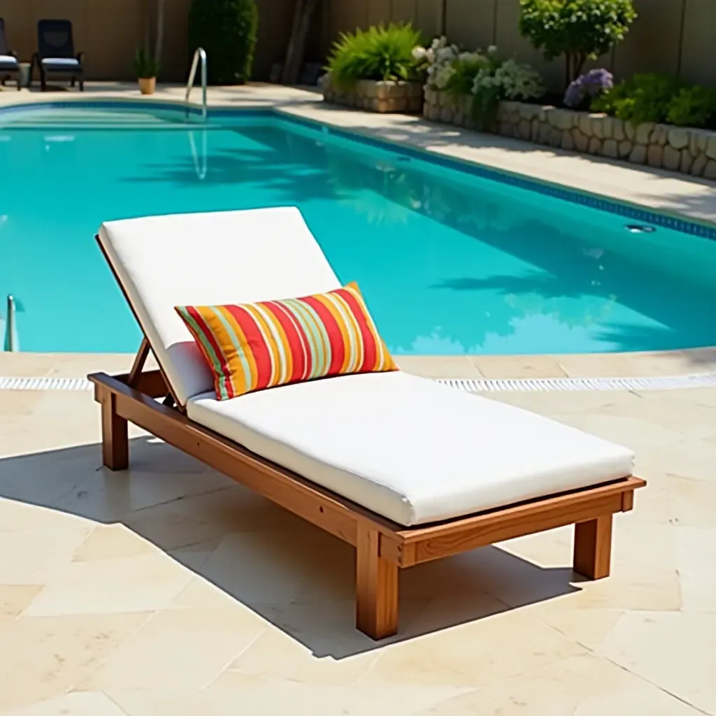 a photo of a wooden sun lounger with colorful cushions by the pool