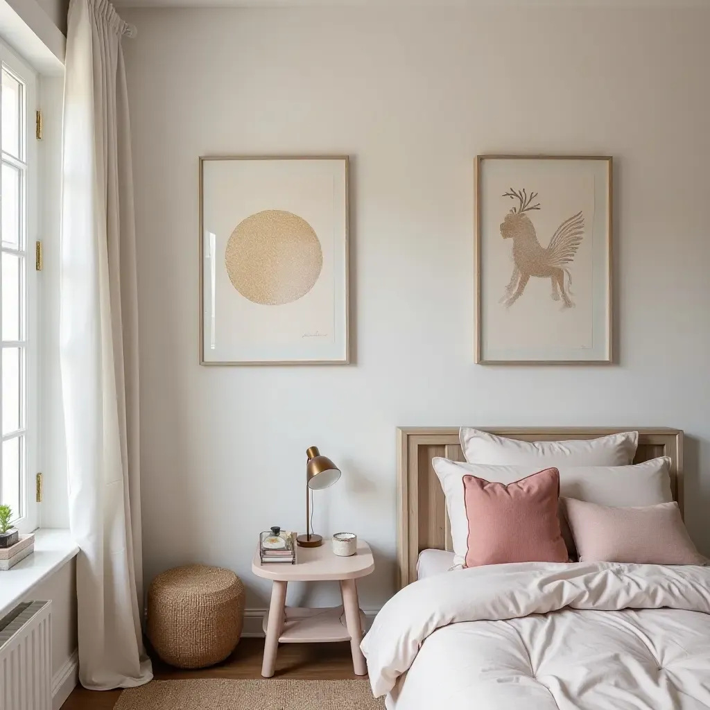 a photo of a chic kids&#x27; space featuring metallic artwork on walls