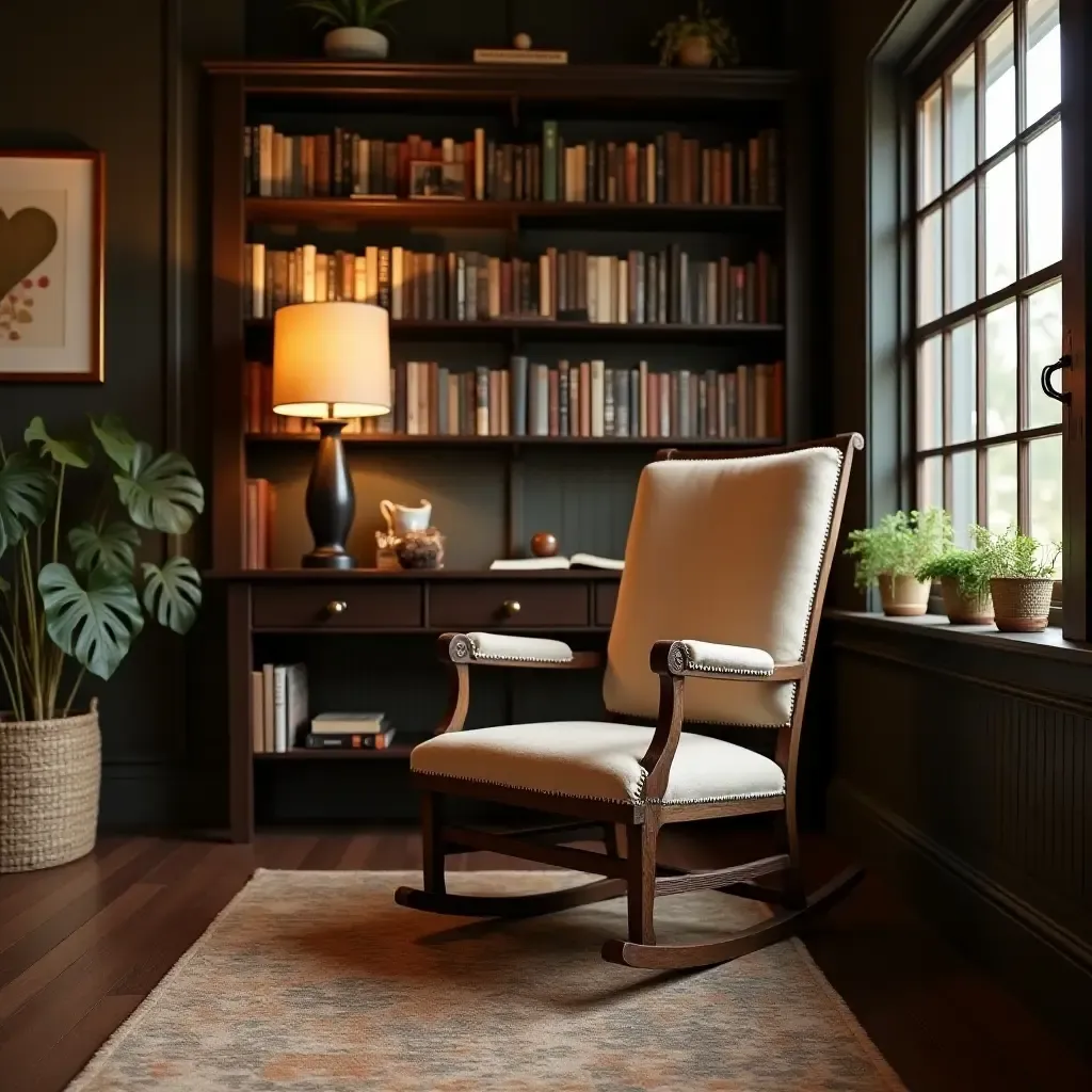 a photo of an antique rocking chair in a basement reading nook