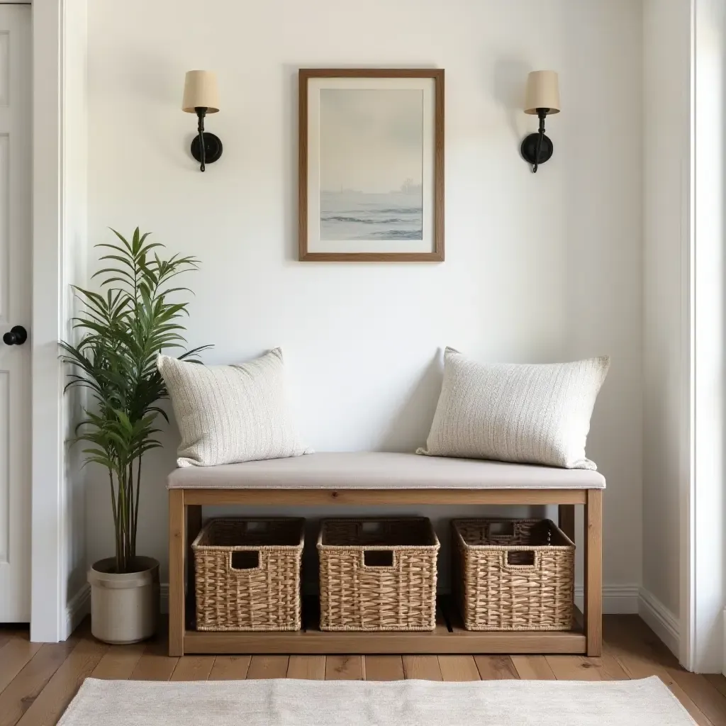 a photo of a rustic wooden bench with storage baskets underneath in a cozy entryway