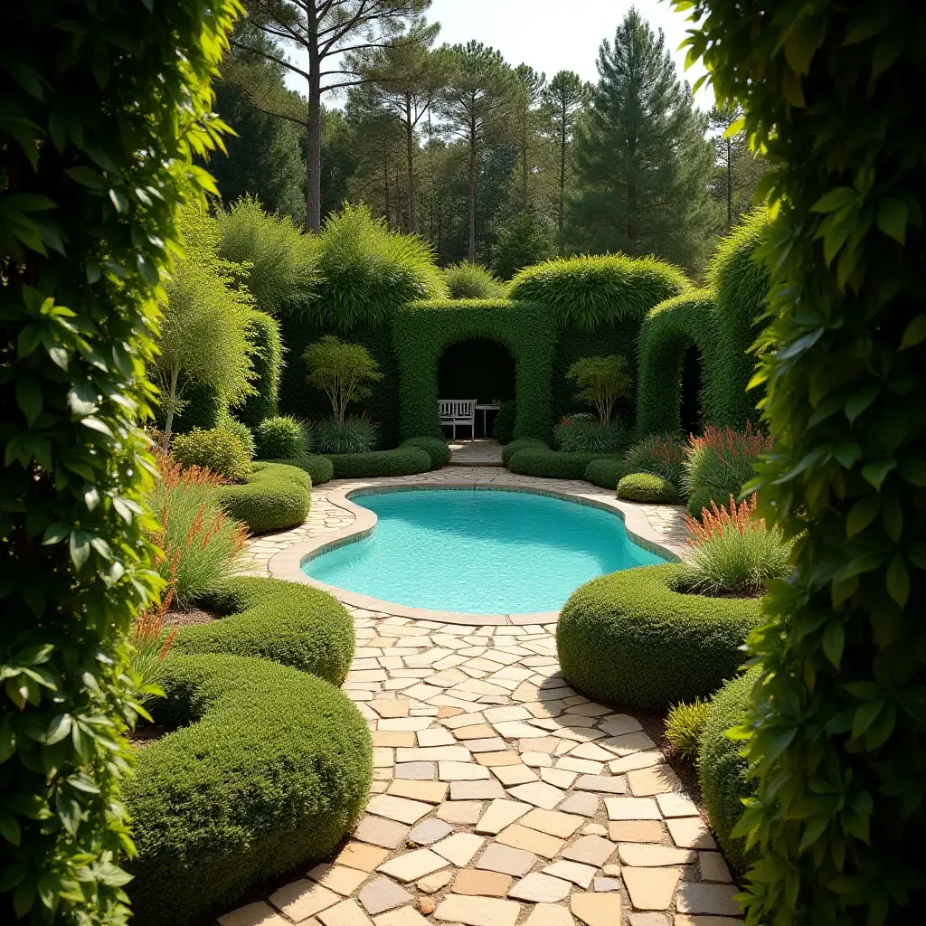 a photo of a whimsical garden path leading to a sparkling pool