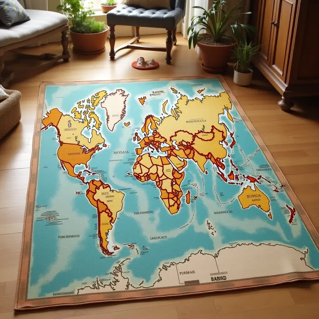 a photo of a vintage map rug for travel enthusiasts