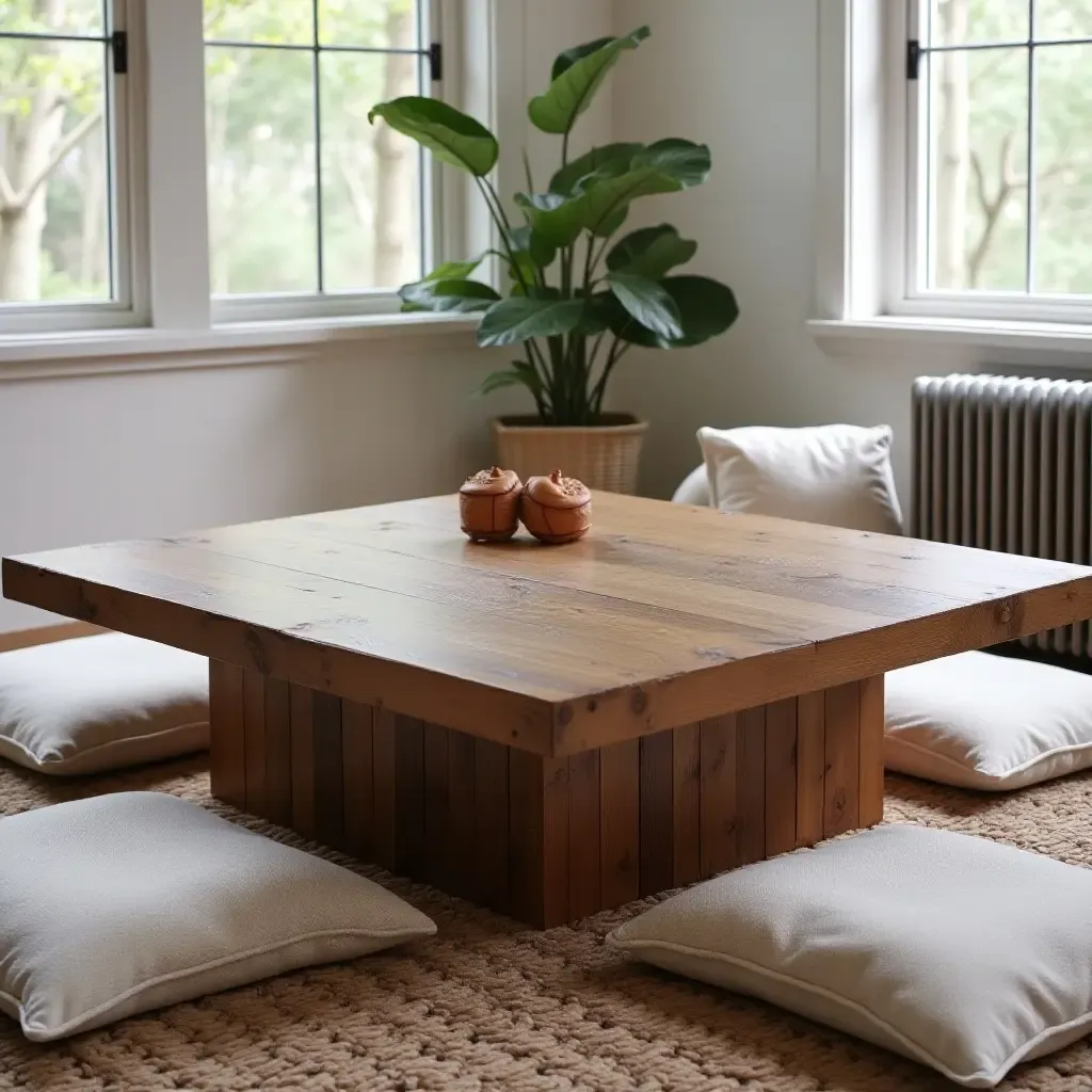 a photo of a reclaimed wood coffee table surrounded by floor cushions