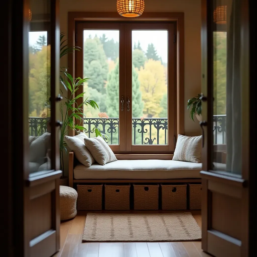 a photo of a balcony with a cozy nook and organized storage baskets