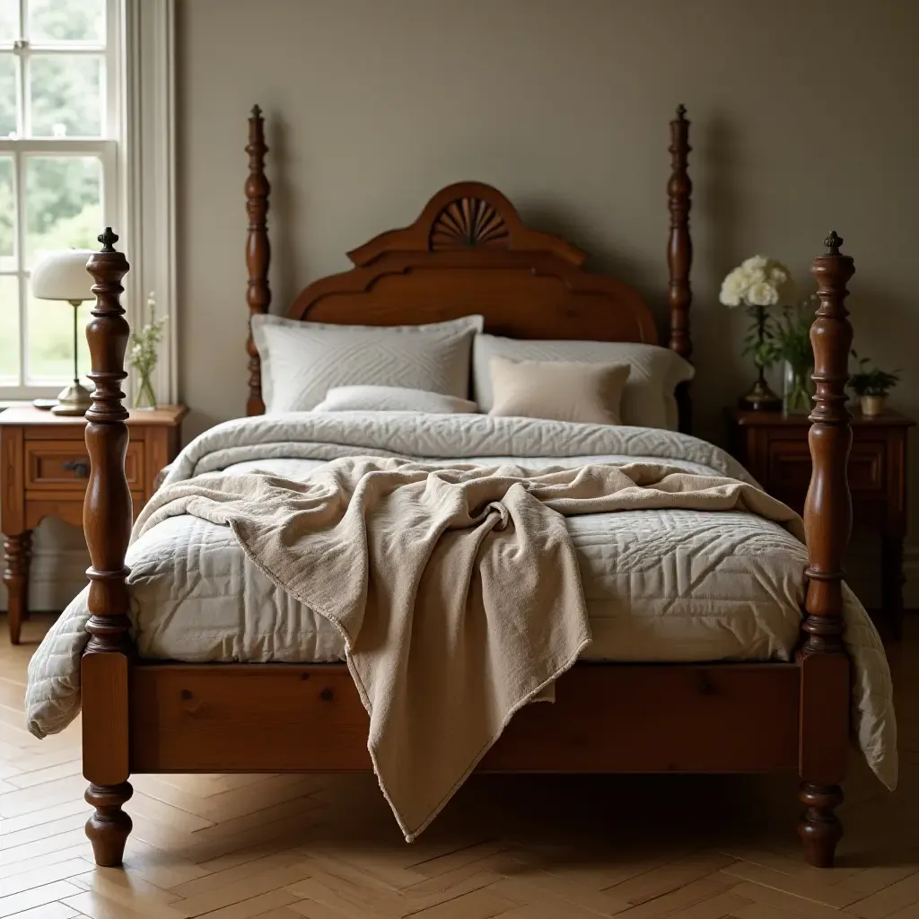 a photo of a classic wooden bed frame with quilts