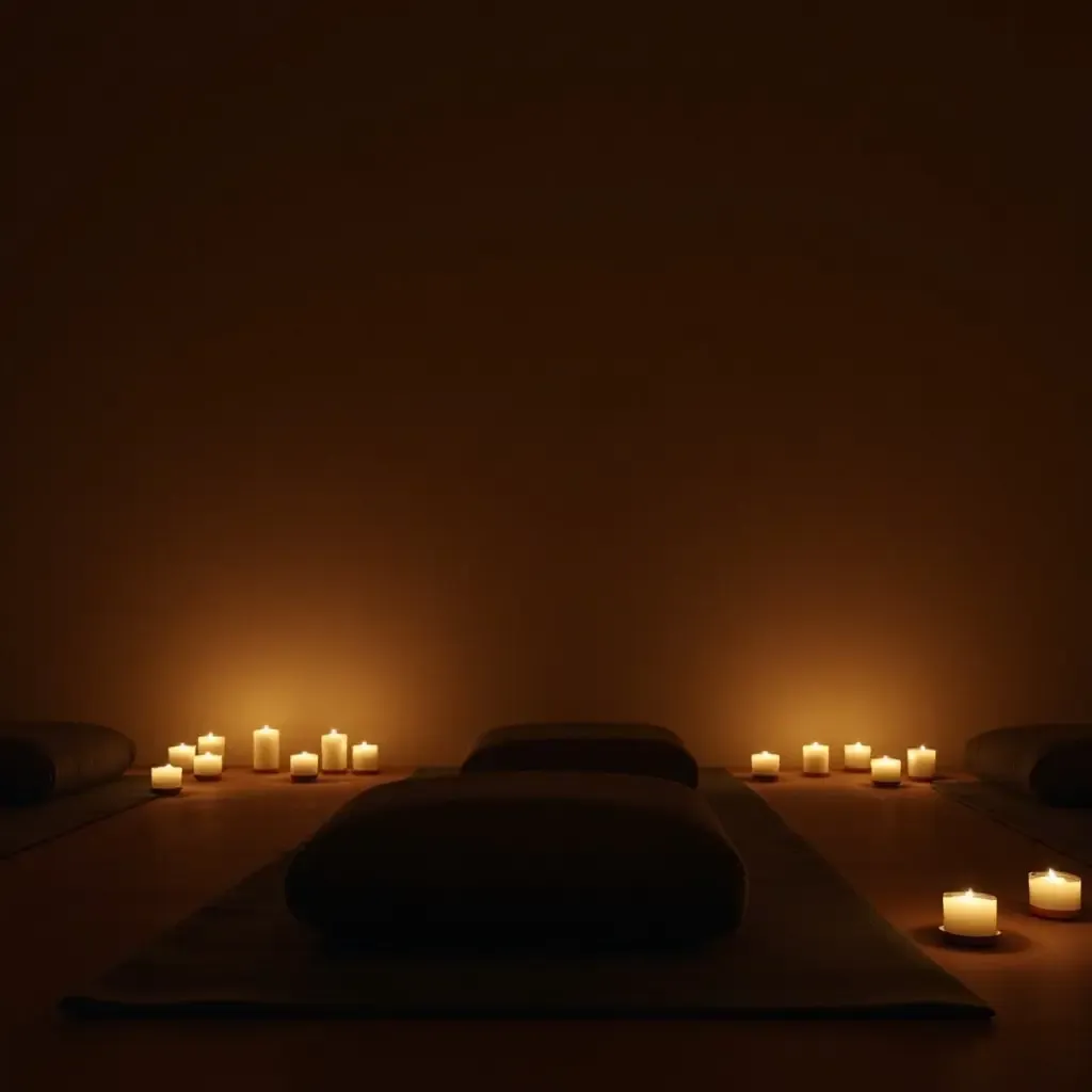 a photo of a meditation space with candles and dark cushions