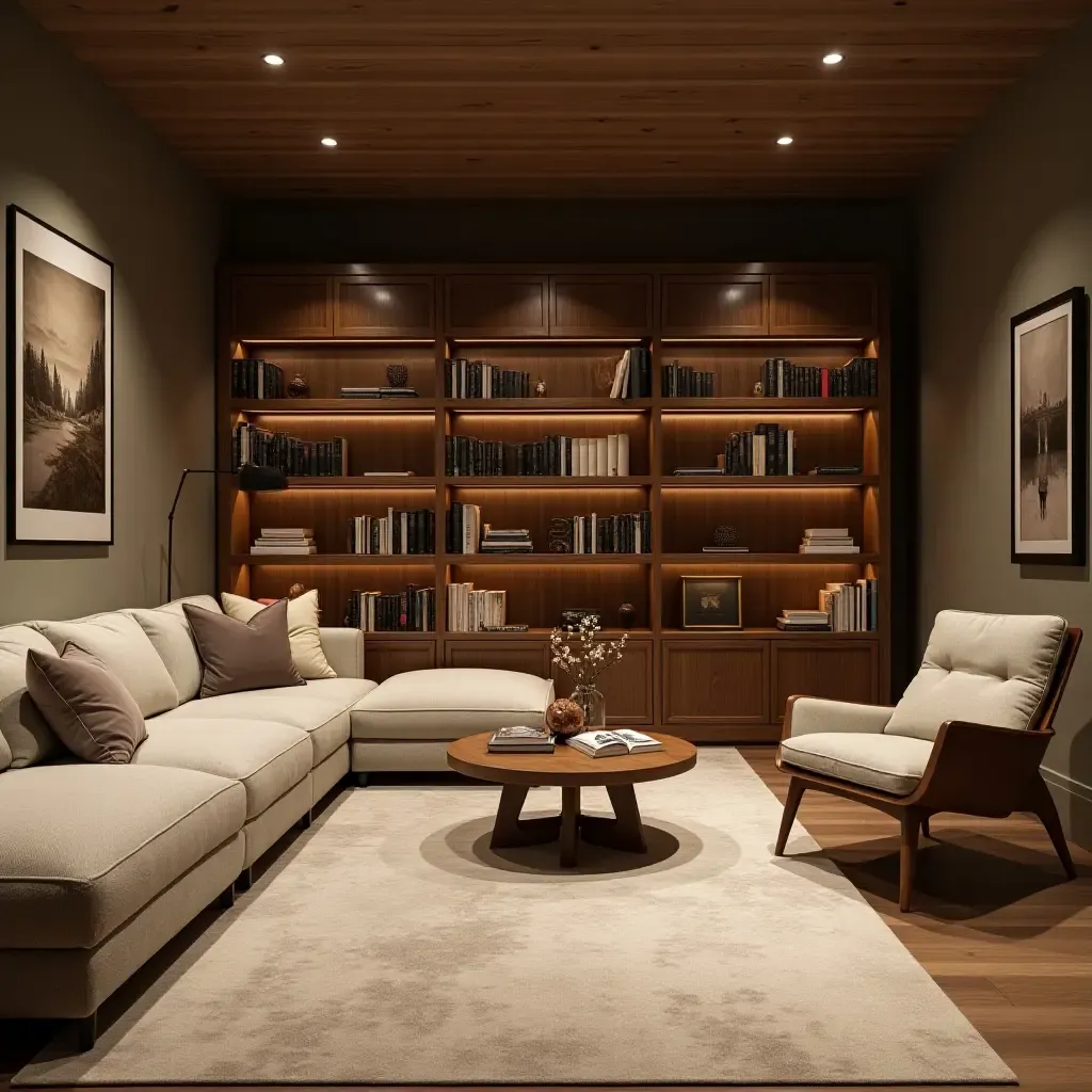 a photo of a basement with a cozy reading nook and storage