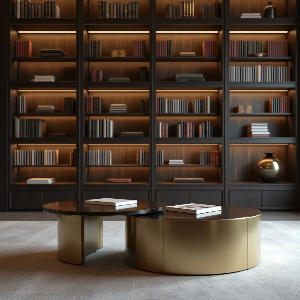 a photo of a library with a modern metallic coffee table