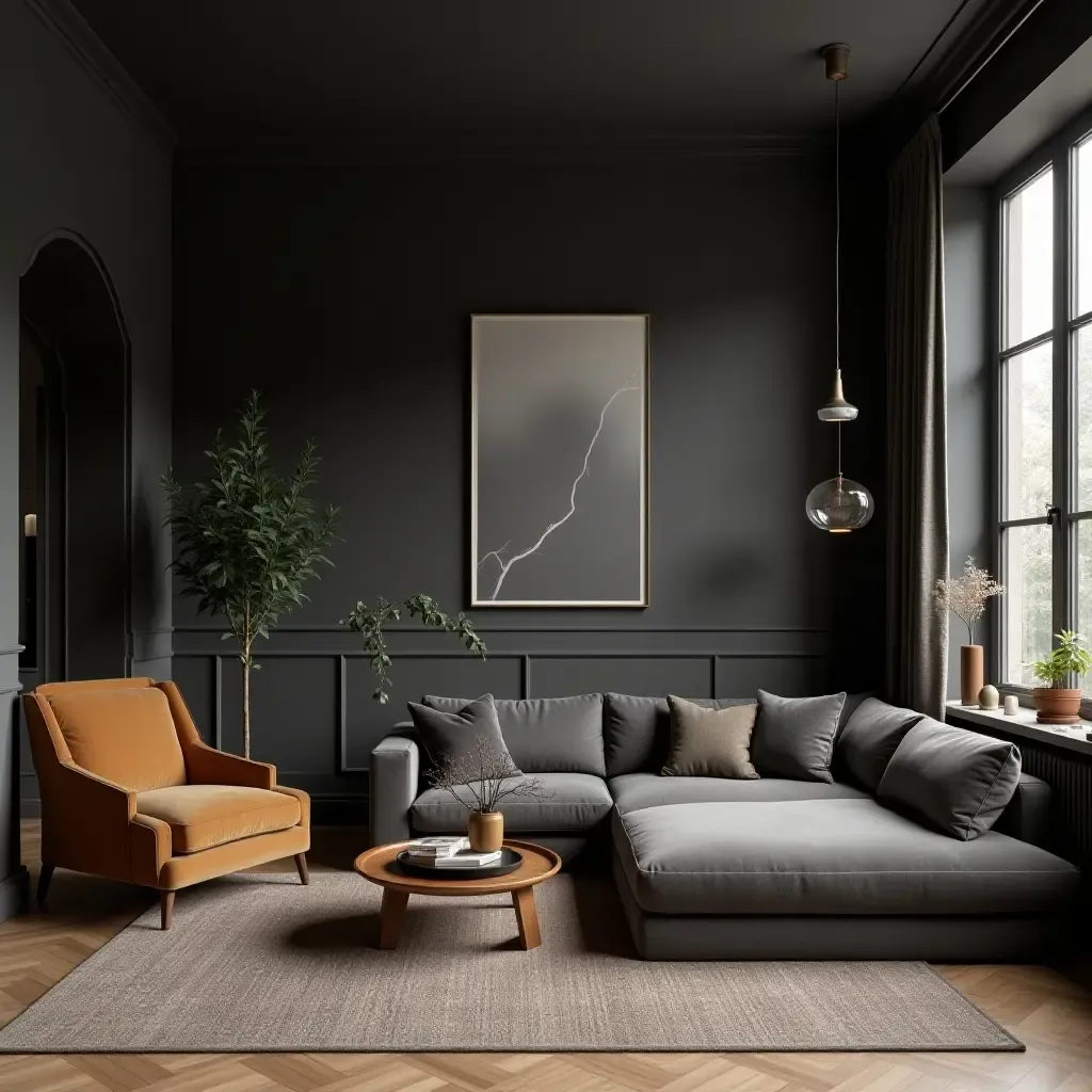 a photo of a dark grey living room with a mix of vintage and modern elements