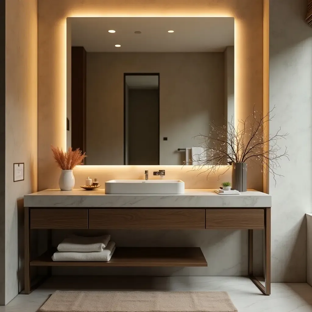 a photo of a stylish vanity with a large mirror and artistic lighting