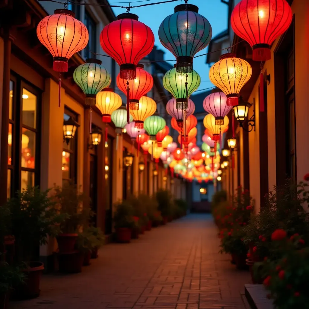 a photo of a balcony filled with colorful lanterns in various shades