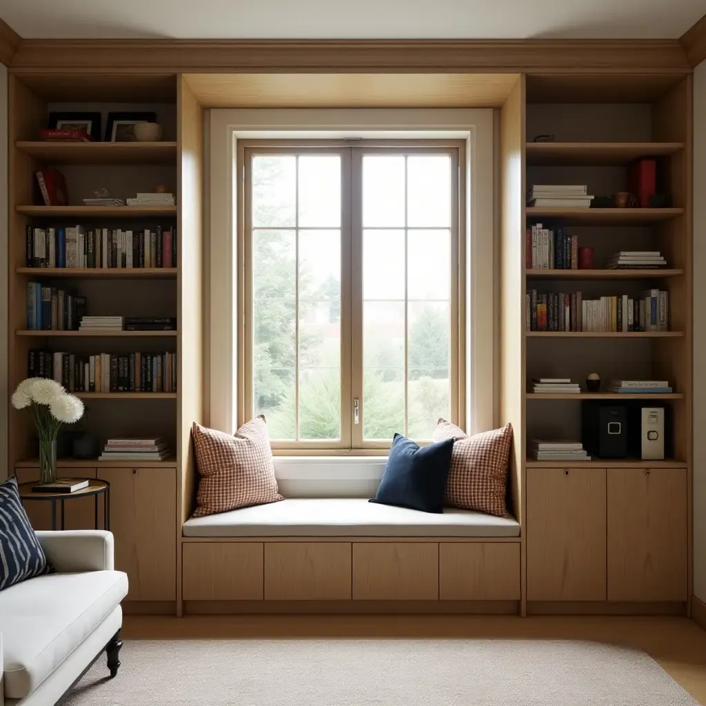 a photo of a library with a built-in window seat and storage