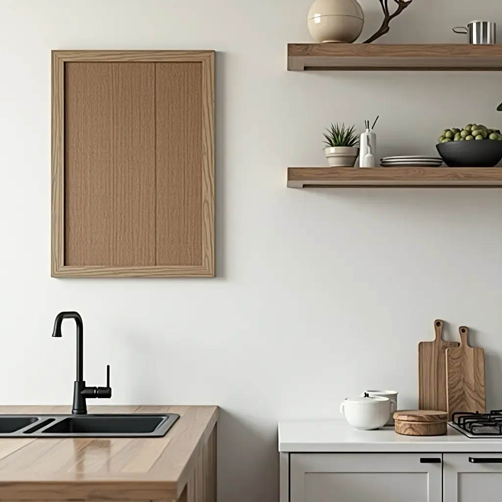 a photo of a kitchen with wooden wall art and decor