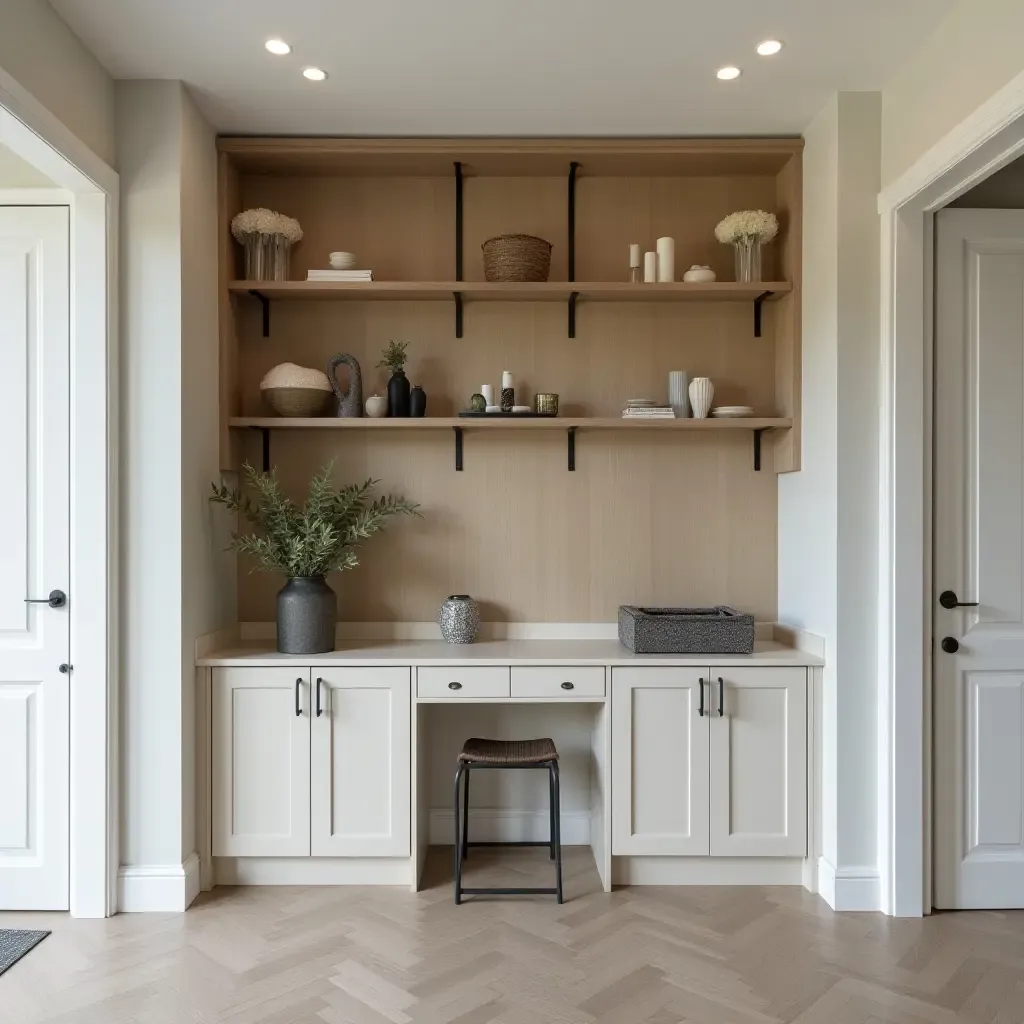 a photo of a stylish foyer with a combination of open shelving and cabinets