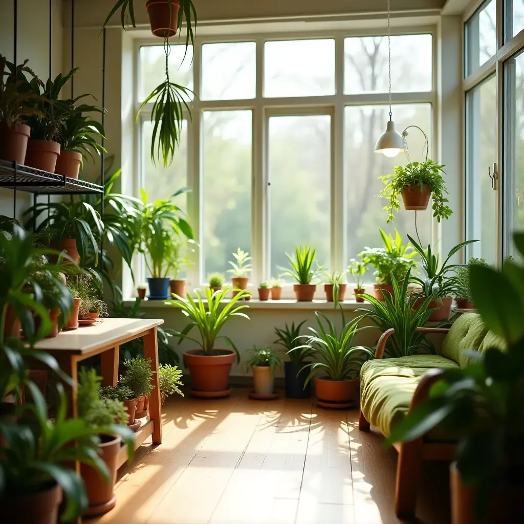 a photo of a bright nursery with plants and natural light streaming in