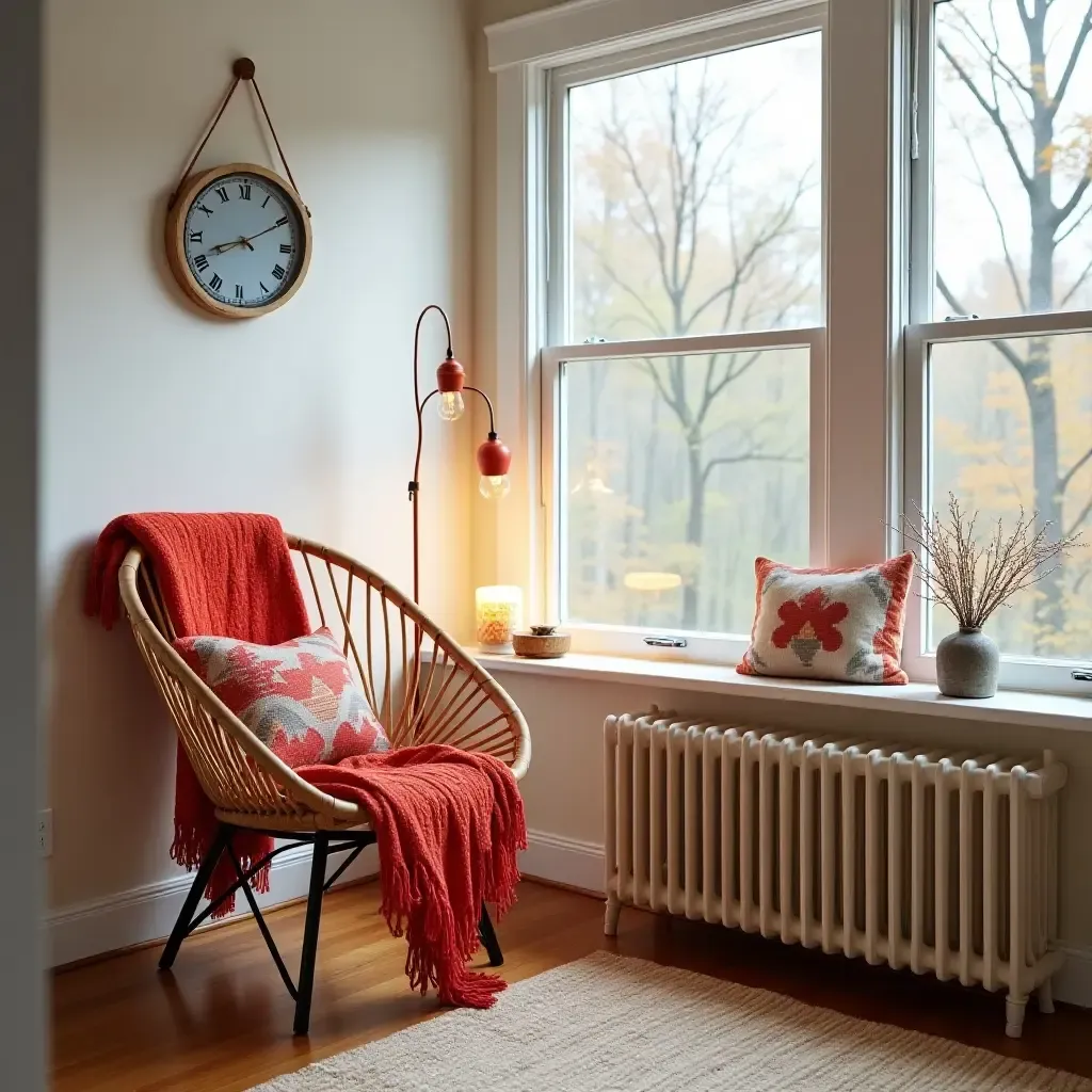 a photo of a cozy reading nook with a rattan chair and vibrant throws