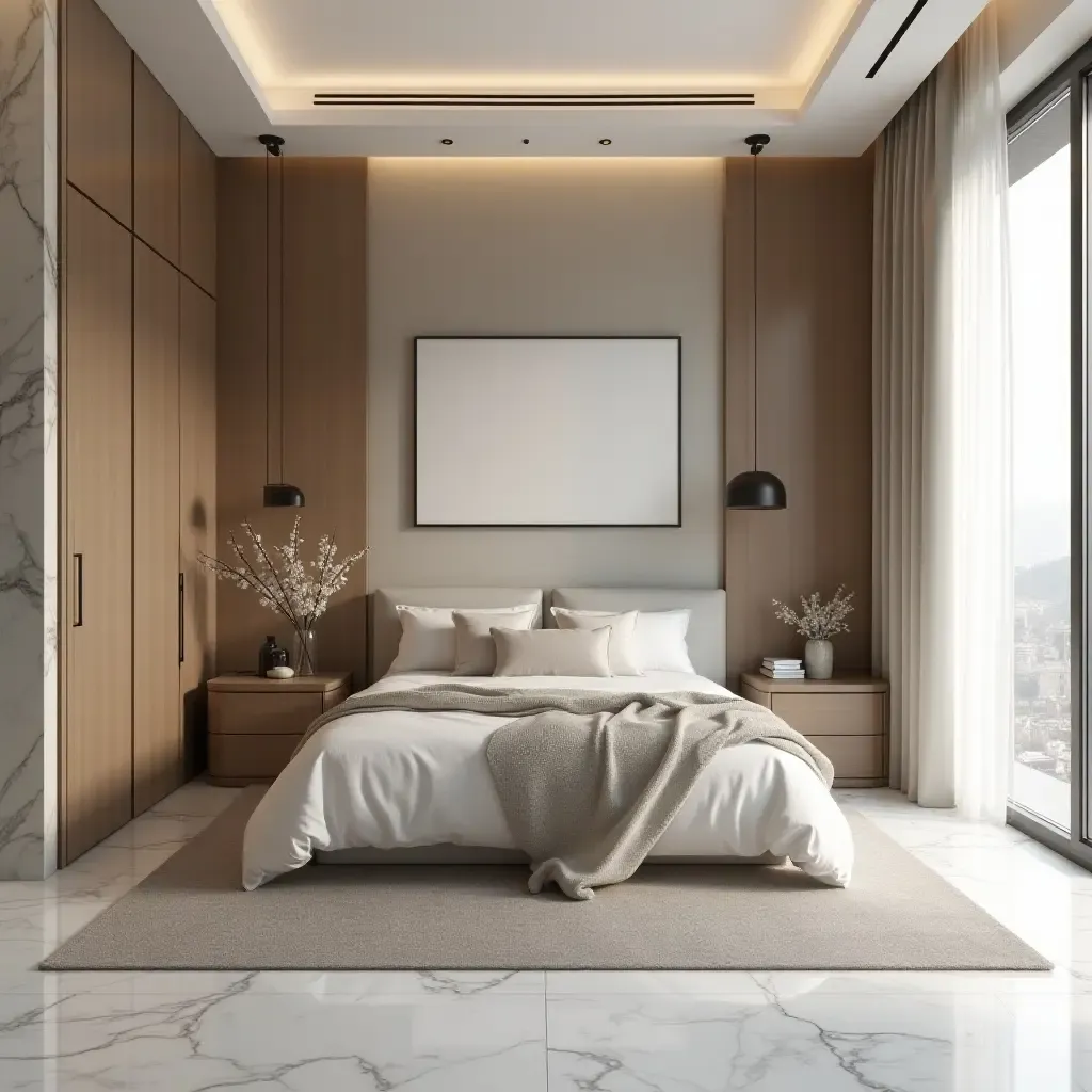 a photo of a serene bedroom with marble flooring and soft textiles