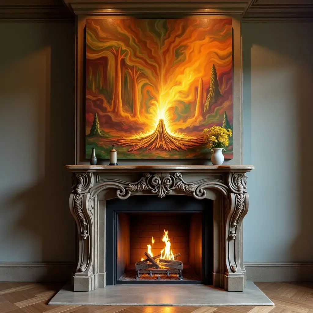 a photo of an artistic fireplace surround with custom artwork