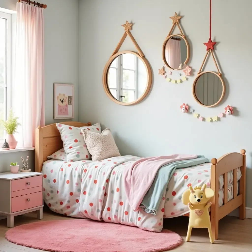 a photo of a whimsical children&#x27;s room with decorative mirror accents and vibrant decor