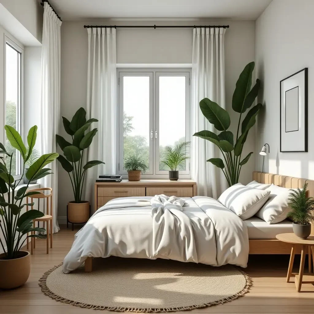 a photo of a bedroom filled with plants and natural wooden furniture