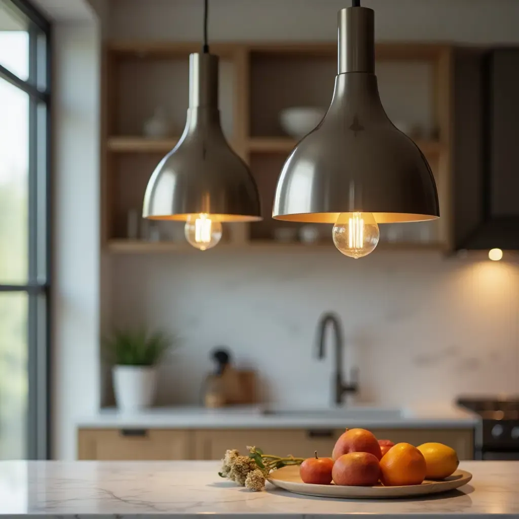 a photo of sleek metal pendant lights in a modern kitchen