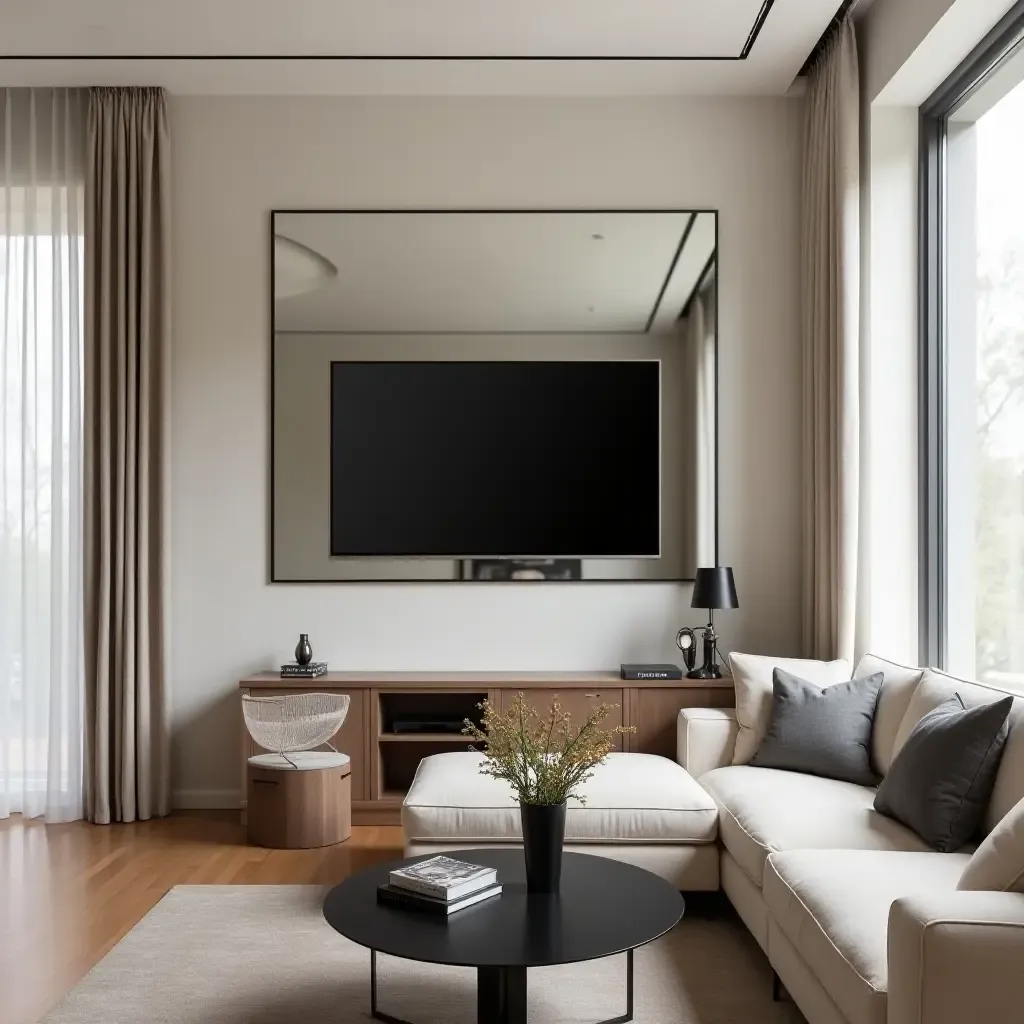 a photo of a chic dining room with a TV cleverly disguised as a mirror