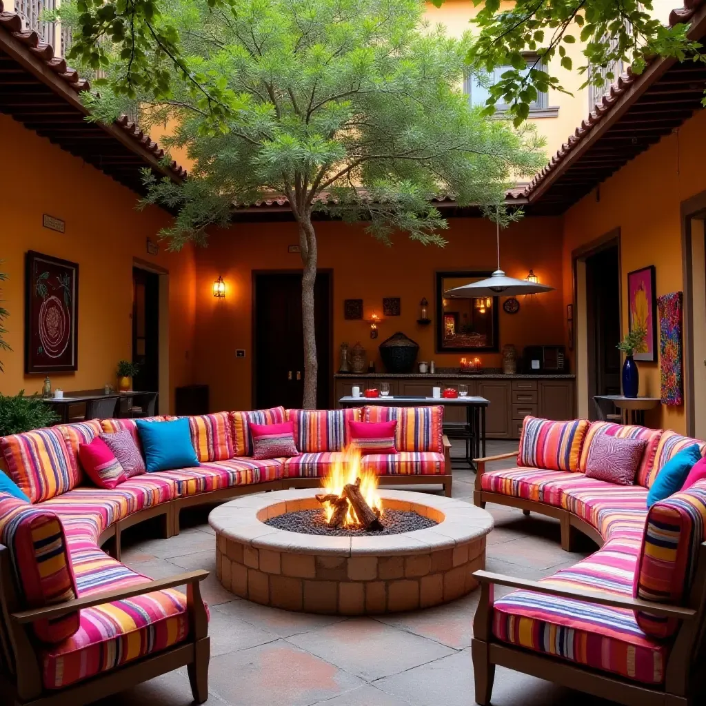 a photo of a vibrant fire pit area with colorful seating and traditional Mexican textiles