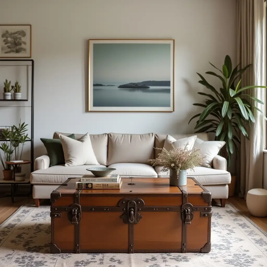 a photo of a living room featuring a vintage trunk as a coffee table