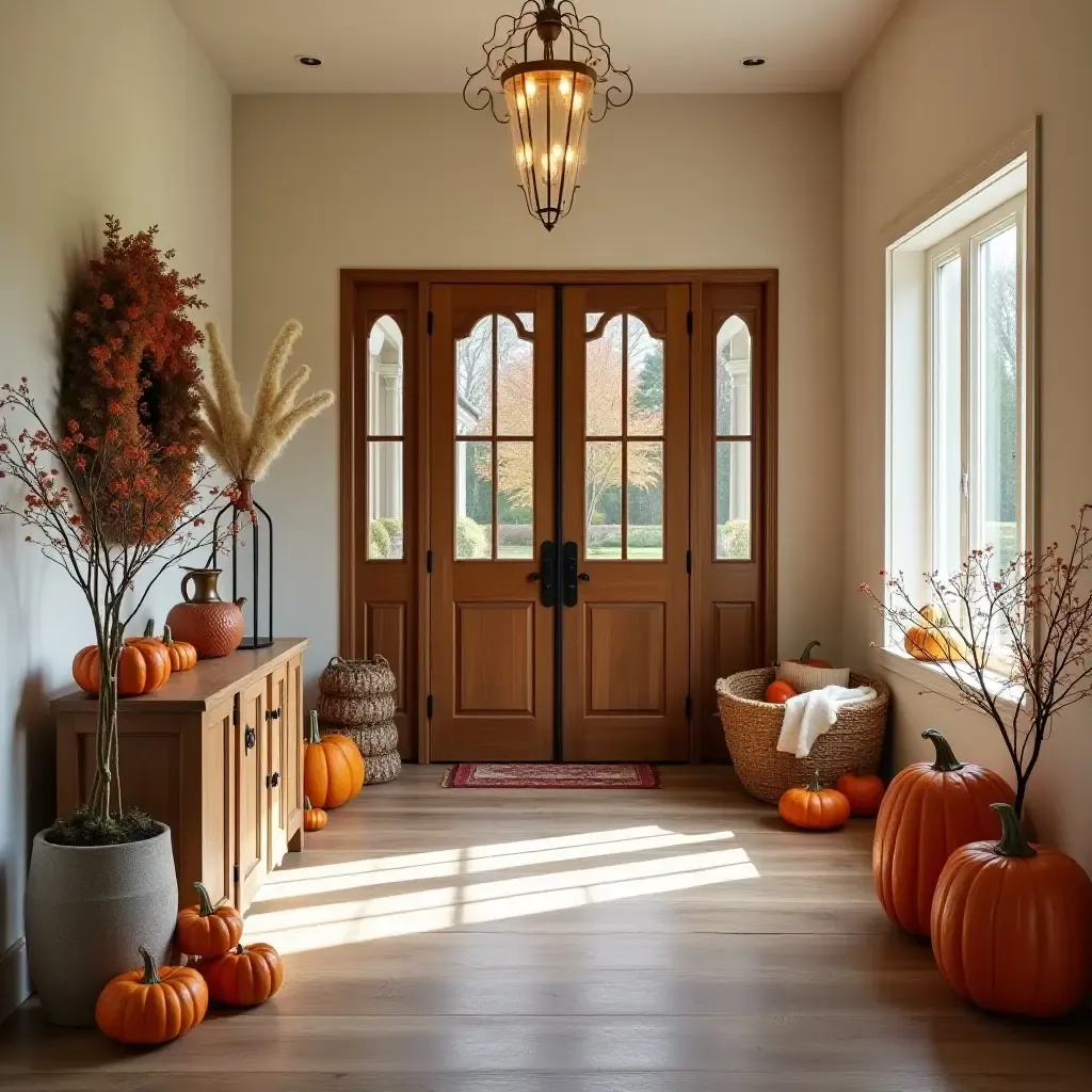 a photo of an entrance hall with a seasonal theme, showcasing autumn decorations