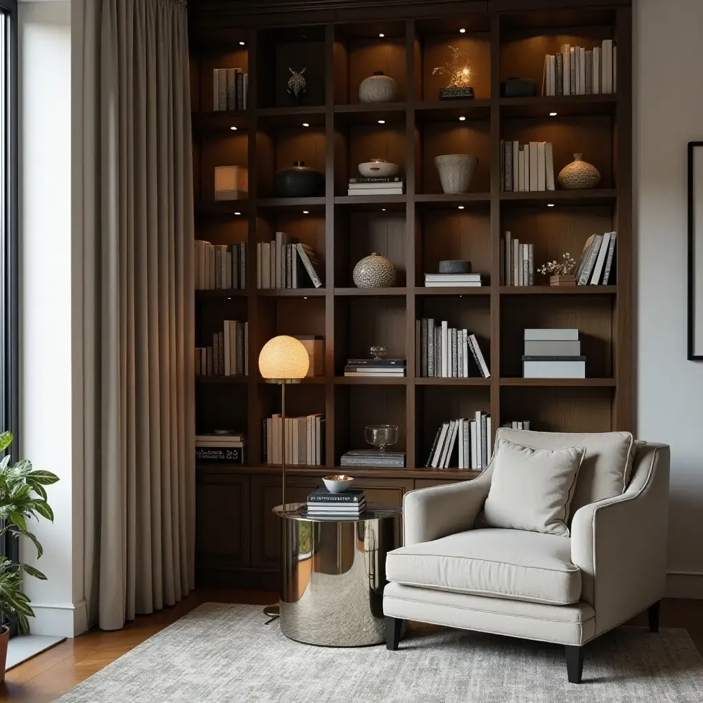 a photo of a library corner with a mirrored accent table