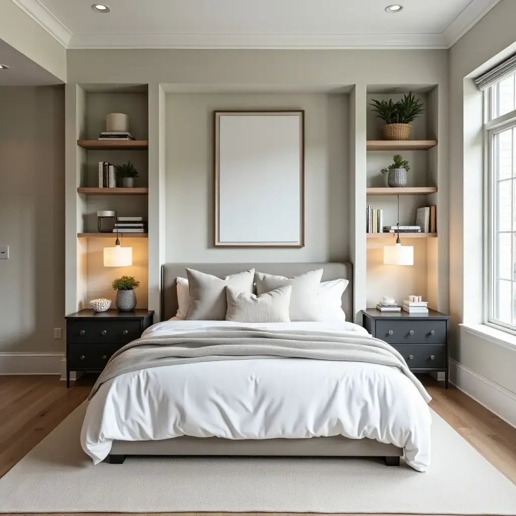 a photo of a modern farmhouse bedroom with open shelving