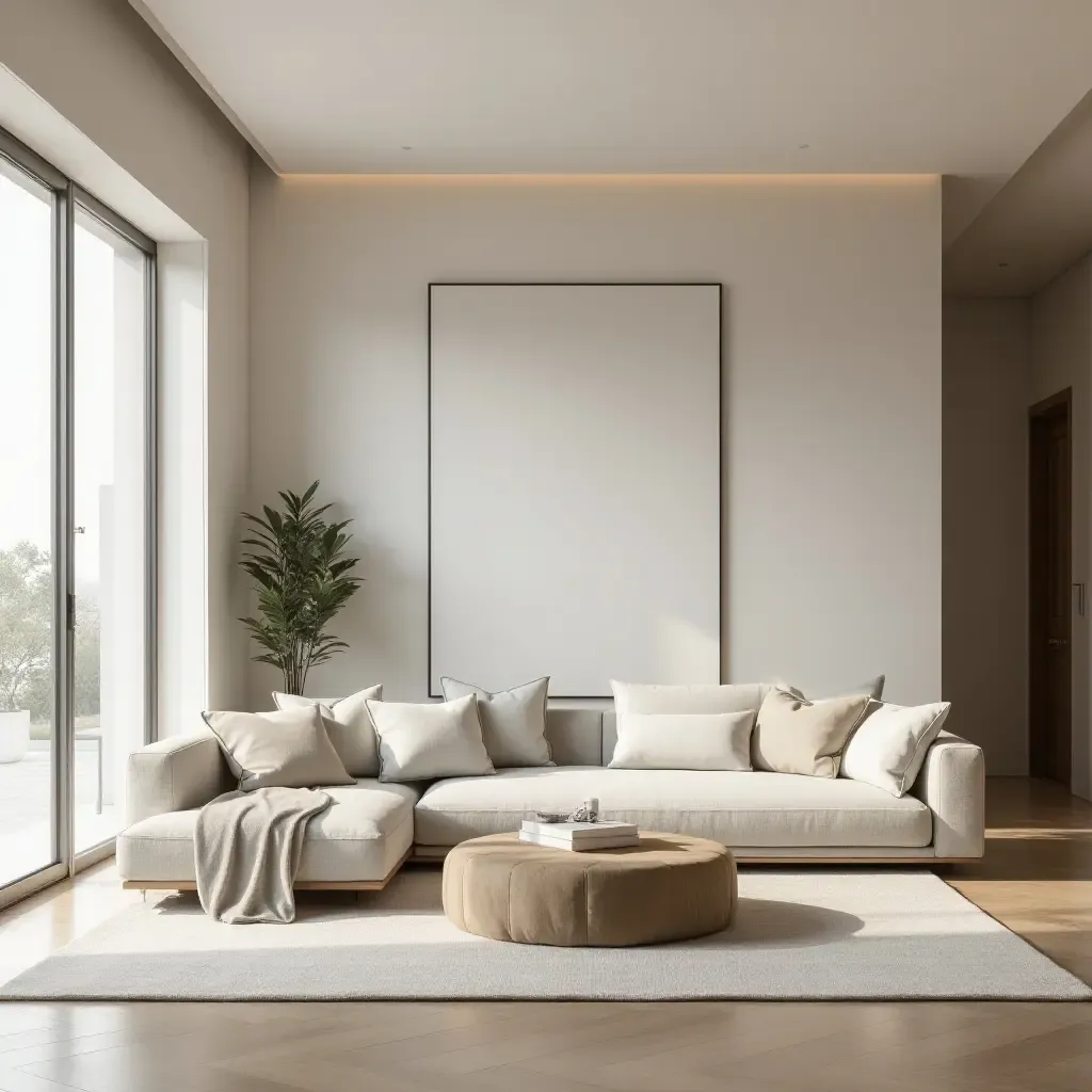 a photo of a sleek living room with a minimalist aesthetic and calming color palette