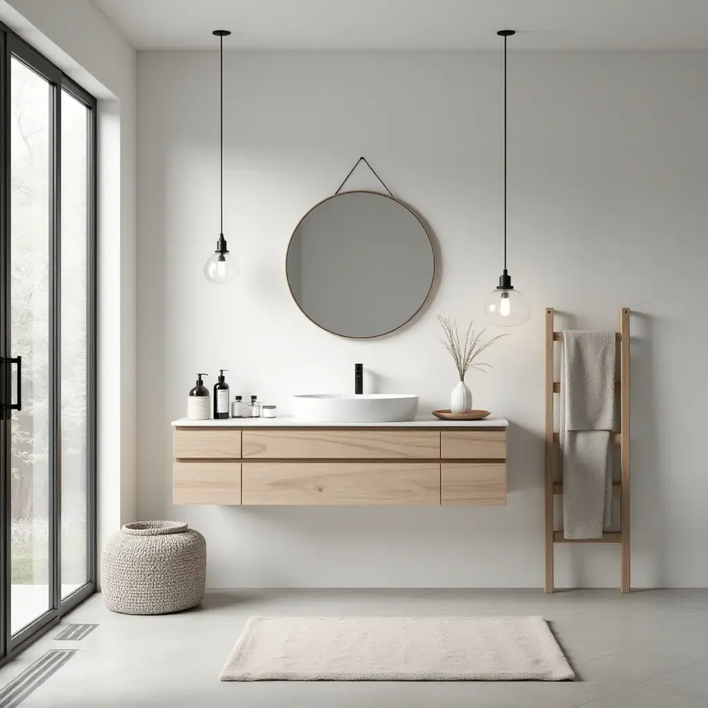 a photo of a Scandinavian bathroom with clean lines and functional decor