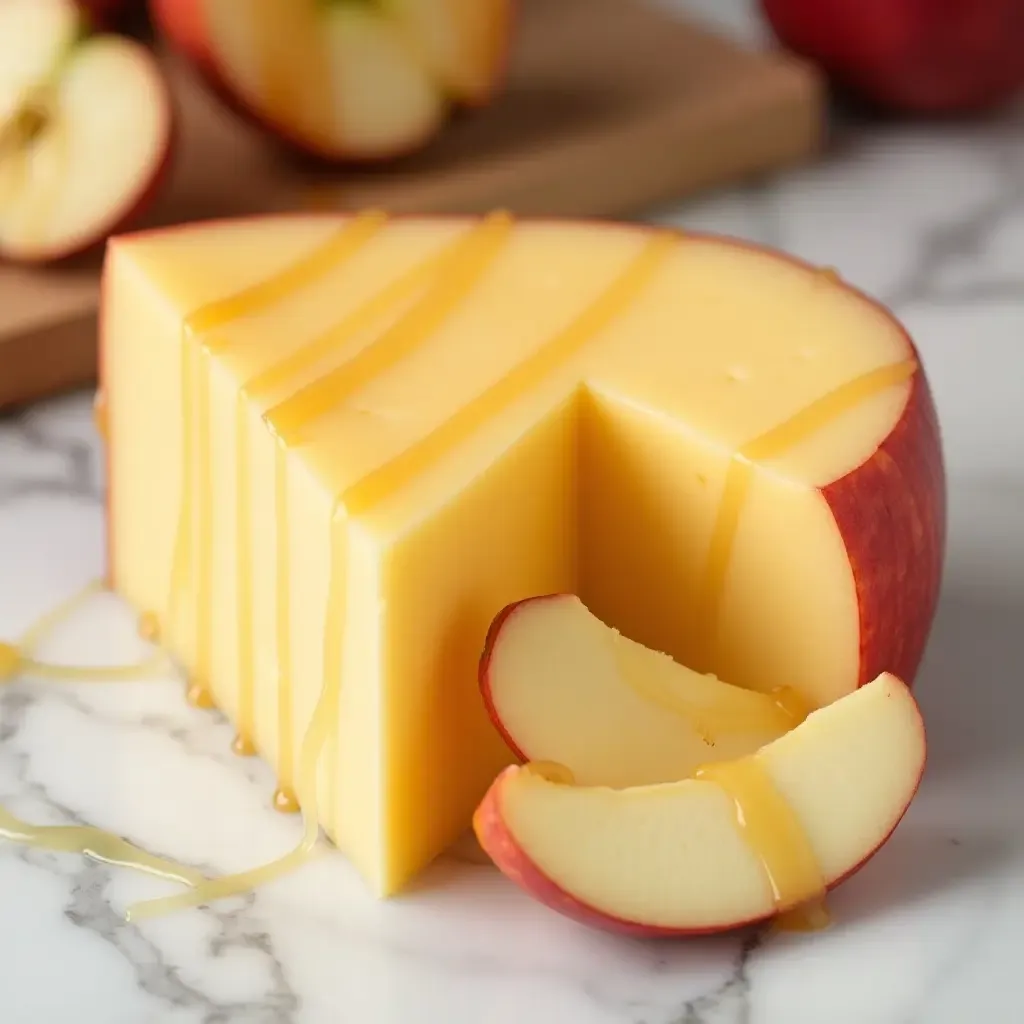 a photo of aged cheddar with sliced apples and caramel drizzle on a marble counter.