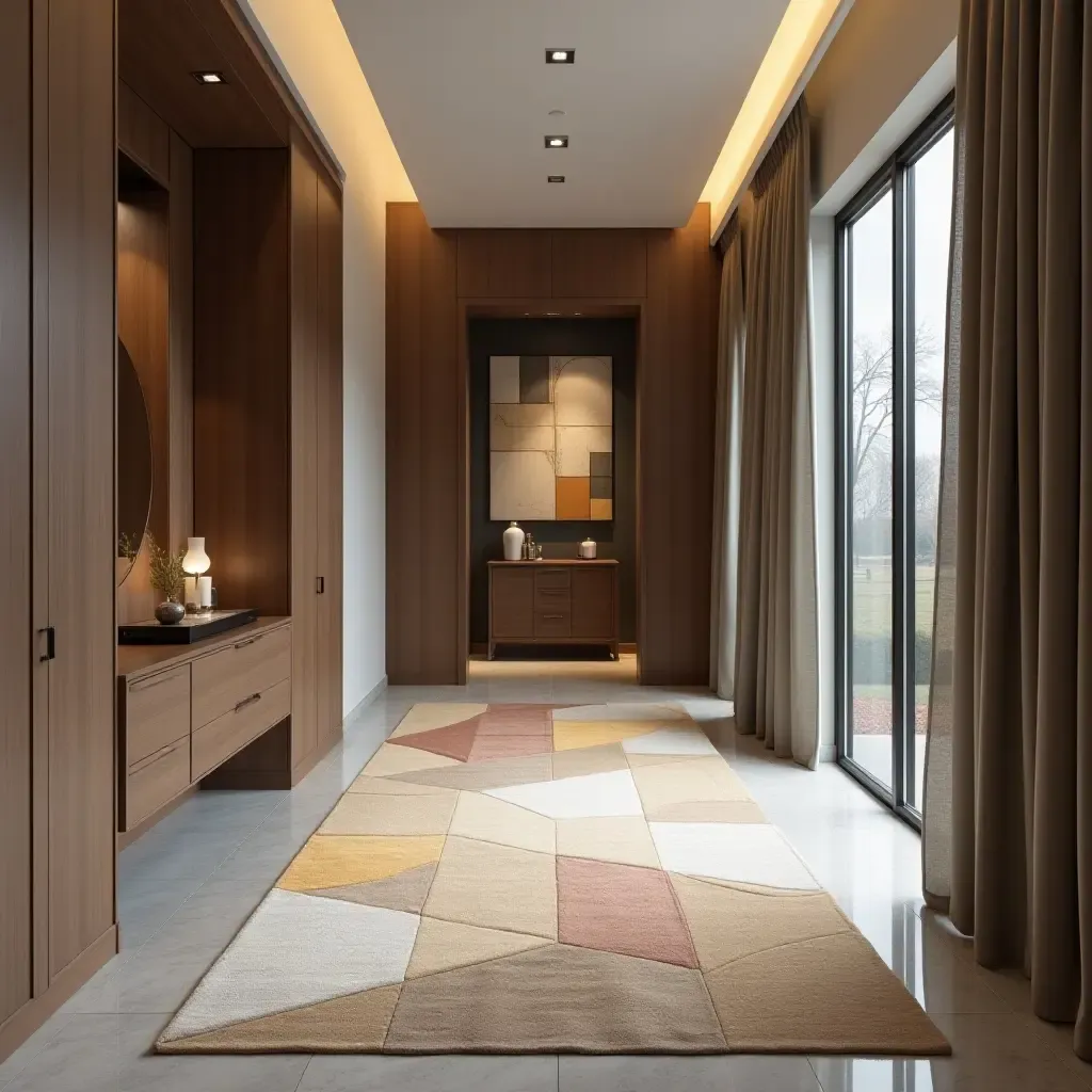 a photo of a contemporary art-inspired rug in a sleek modern hall