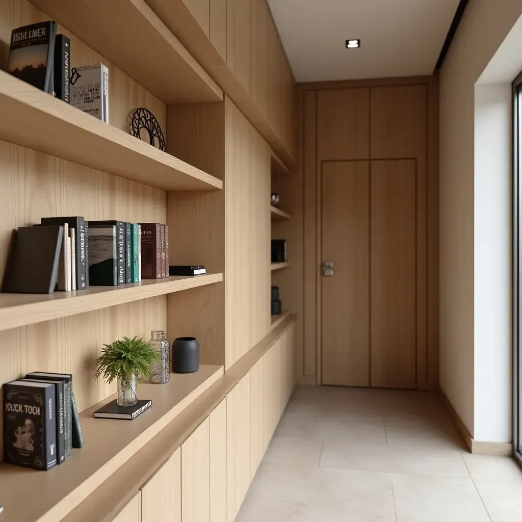 a photo of a wooden wall shelf with books in a corridor