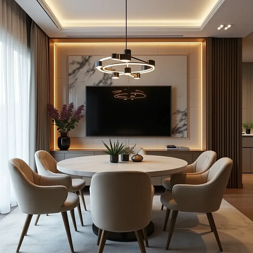 a photo of a dining room with a hidden TV behind a stylish artwork