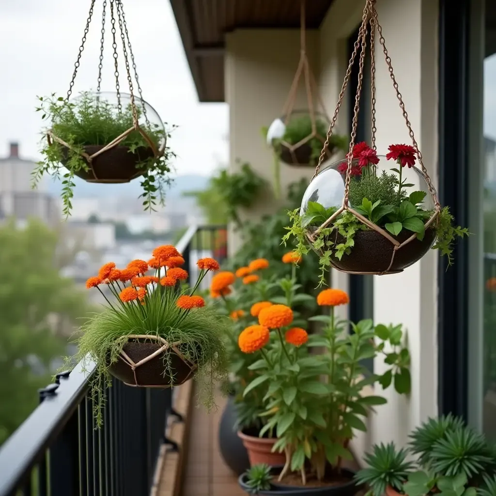 a photo of a balcony featuring hanging terrariums and vibrant flowers