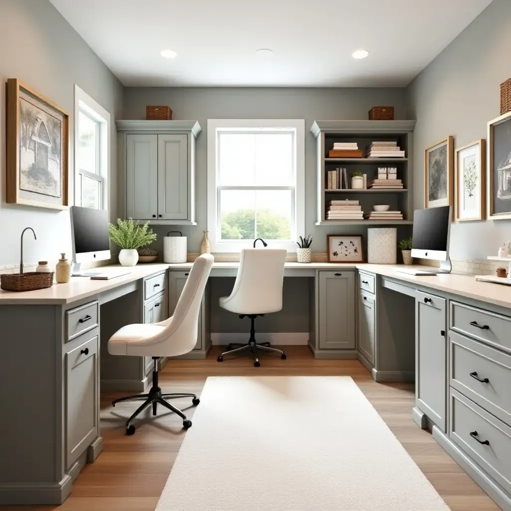 a photo of a basement craft room filled with farmhouse-inspired organization and decor