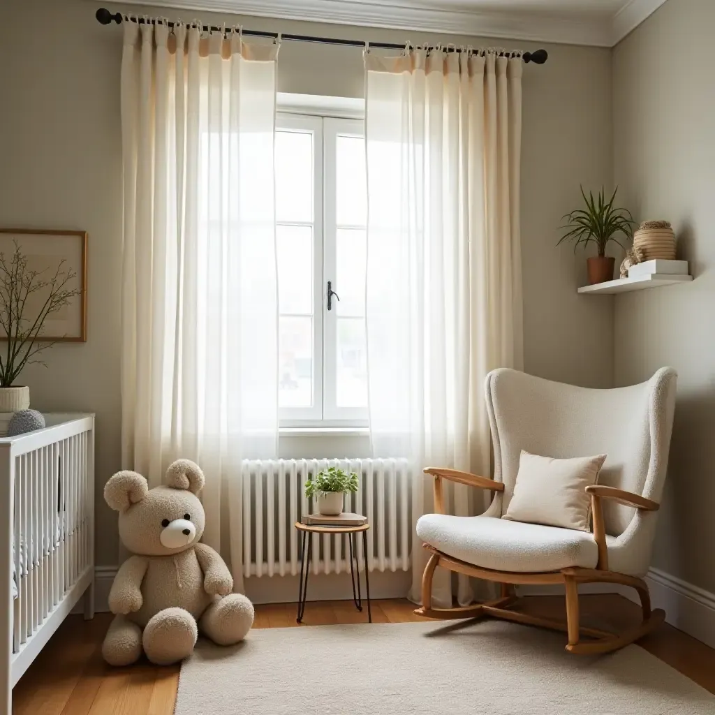 a photo of a nursery with vintage curtains and modern furnishings