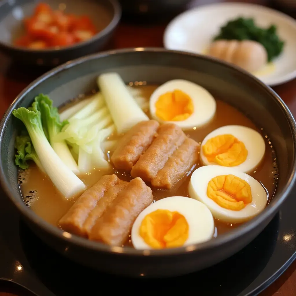 a photo of a traditional oden hot pot with daikon, fish cakes, and boiled eggs.