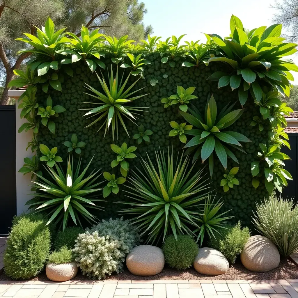 a photo of a garden wall featuring a mix of tropical and desert plants